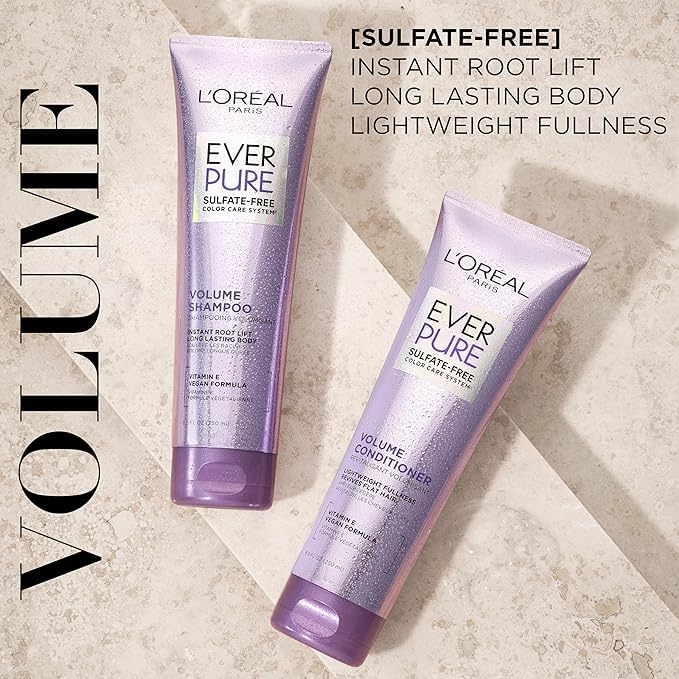 L'Oreal Paris EverPure Volume Sulfate Free Shampoo for Color-Treated Hair, Volume + Shine for Fine, Flat Hair, with Lotus Flower, 2 Count (8.5 Fl; Oz each) (Packaging May Vary)